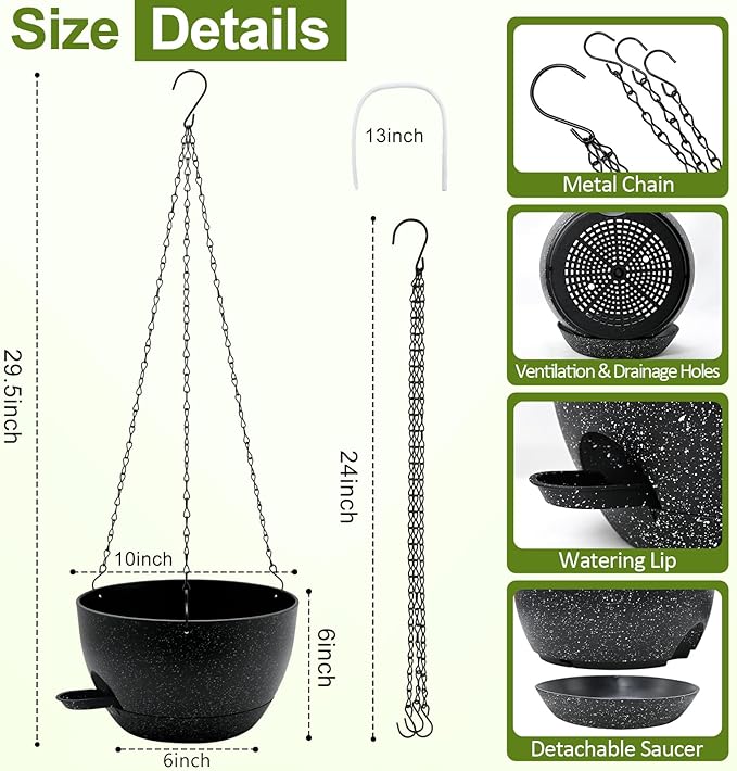 WOUSIWER Self Watering Hanging Planters, 2 Pack 10'' Plastic Pots with Drainage Holes & Reservoir Tray (Speckled Black) | Indoor & Outdoor Use for Ferns, Ivy, Herbs, Succulents