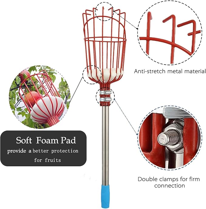HOSKO 8FT Fruit Picker Pole, Lightweight High-Grade Stainless Steel Adjustable Apple Picker Pole with Metal Twist-on Basket, Suit for Apple Pear Cherry Mango Guava Orange Avocados Etc Fruit Picking