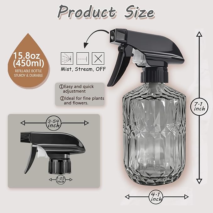 Glass Handheld Spray Bottle, 15oz Refillable Water Bottle Spray, Reusable Adjustable Nozzle Plant Mister Spray Bottles Indoor, Plant Mister for Hair, Cleaning, Gardening, Pets Care (Dark Grey)