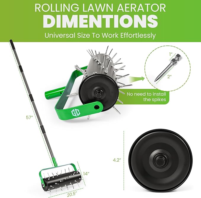 GrdnCare Rolling Lawn Aerator Tool, Heavy-Duty Manual Aerator Lawn Tool - 42 Spike Aerator Lawn Tool with 71" Adjustable Handle for Compact Soil -Push Soil Penetrator for Farm Care & Garden Yard Patio
