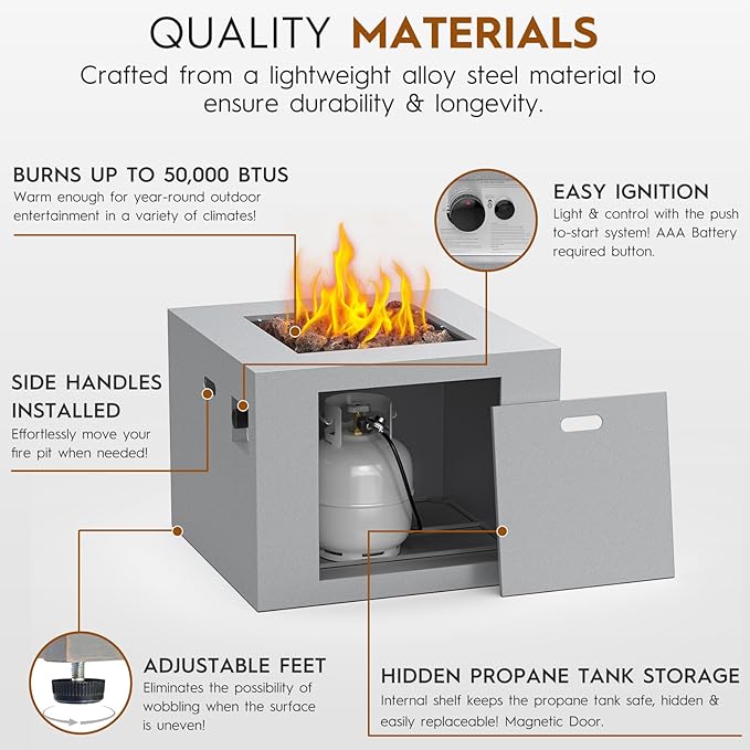 32 Inch Outdoor Fire Pit Table, 50,000 BTU Square Propane Fire Pit with Lid, Lava Rocks, Weatherproof Cover, Alloy Steel Gas Fire Pits for Outside Patio, CSA Certified, Gray