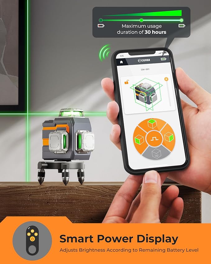 CIGMAN 3x360° Laser Level with Remote&APP Control, Green Self Leveling Cross Line Laser for Construction and Picture Hanging, 3D Vertical/Horizontal Line, Magnetic Rotating Stand Included