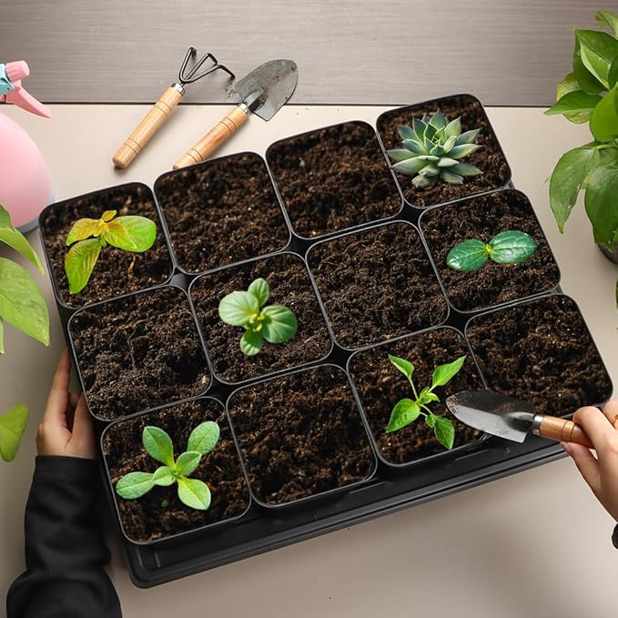 3.5 inch (9CM) Square Nursery Pots 120pcs, Sturdy Seedlings Trays 10 Pcs, Seeds Starter Planter Nursery Trays 10 Sets