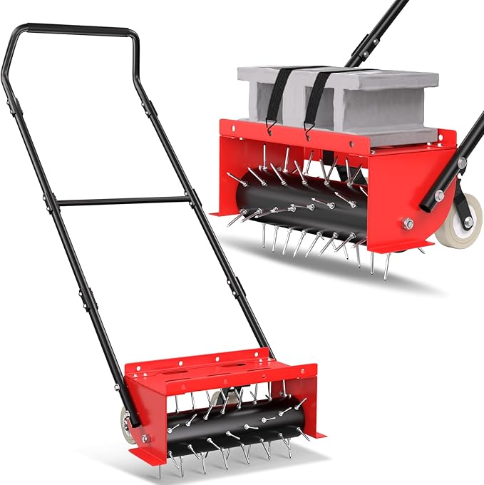 VASALAID Manual Rolling Lawn Aerator,Pre-Attached Spike Grass Rolling Aerators Tool with Wheels for Lawns,Garden,and Yard Grass
