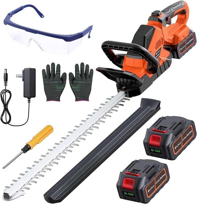 20'' Hedge Trimmer Cordless with 2pcs 4000mAh Battery, Electric Handheld Bush Clipper with Rechargeable Batteries, 3000RPM 180° Rotatable Head, 2/3'' Blade Gap Orange
