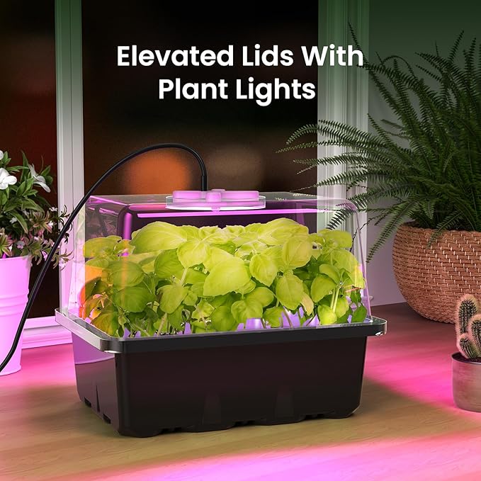 MIXC Seed Starter Kit with Grow Light, Elevated Seedling Tray Kit with Adjustable Humidity Dome and Clear Cell Tray, 12 Full Spectrum Led Beads for Seed Starting Greenhouse, 6 Pack, Black