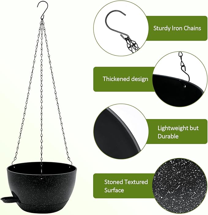 WOUSIWER Self Watering Hanging Planters, 2 Pack 10'' Plastic Pots with Drainage Holes & Reservoir Tray (Speckled Black) | Indoor & Outdoor Use for Ferns, Ivy, Herbs, Succulents