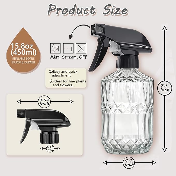 Glass Handheld Spray Bottle, 15oz Refillable Water Bottle Spray, Reusable Adjustable Nozzle Plant Mister Spray Bottles Indoor, Plant Mister for Hair, Cleaning, Gardening, Pets Care (Clear)