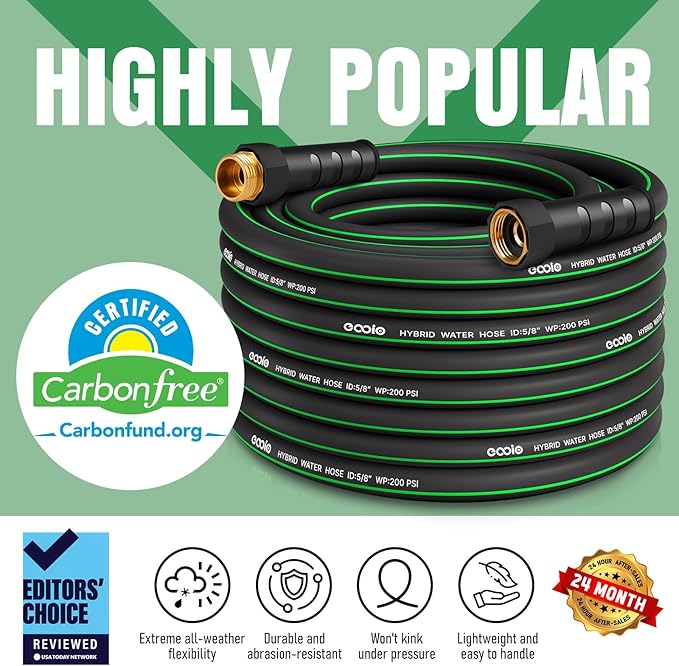 Heavy Duty Garden Hose 75ft with Nozzle, NON-EXPANDABLE Flexible Water Hose, Kink Resistant Lightweight Hybrid Hose, Leakproof Hose Male to Female Fittings