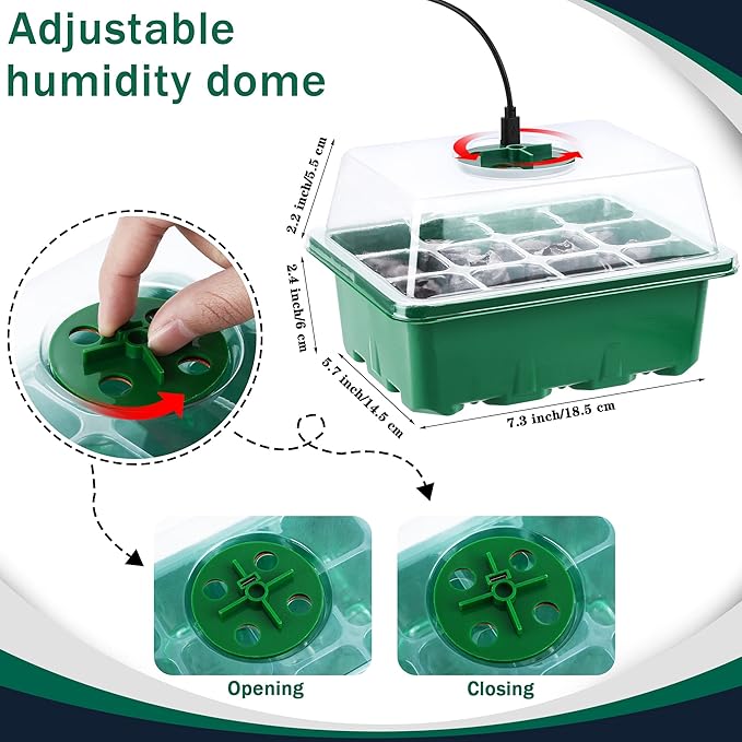 6 Pack Seed Starter Tray Kit with Grow Light and Humidity Dome Germination Trays, 72 Peat Pellets, Plant Labels, Gardening Tools, Green, Modern Style, 7.3 x 5.7 x 4.5 inches