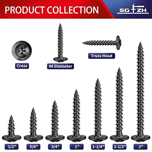 #8 x 5/8" Wood Screw 250Pcs Alloy Steel Standard Thread Truss Head Fast Self Tapping Black Oxide by SG TZH