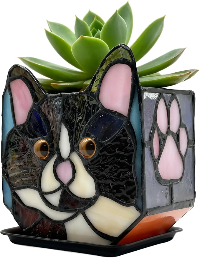 Handmade Stained Glass Black Cat Planter, Decorative Succulent Pot with Drainage, Indoor Plant Holder, Home Decor
