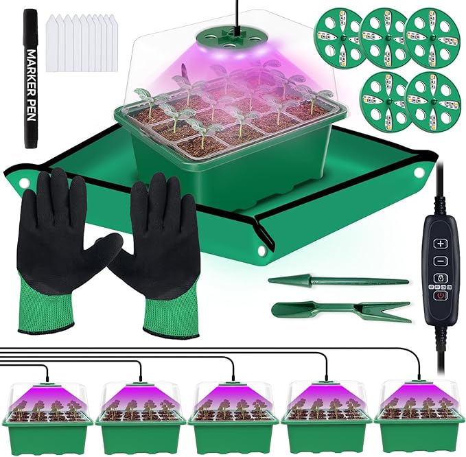 5-Pack Seed Starter Tray with Grow Light (Value Pack), 60 Cells Seed Starter Kit with Controller & Repotting Mat & Gloves & Marker, Indoor Grow Kit for Plant Seeds Starting Germination