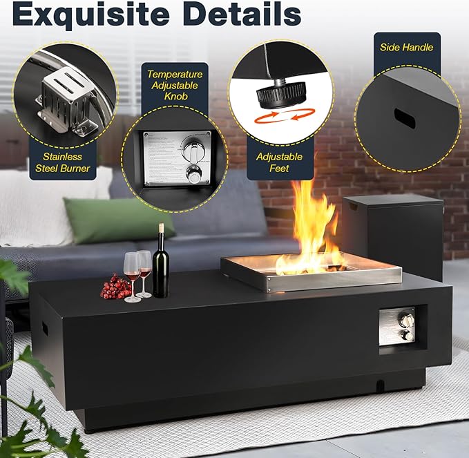 48" Outdoor Propane Fire Pit Table Rectangular - Modern Gas Fire Pits Patio 40,000 BTU with Steel Burner, Lid, Rocks, Modern Fire Table for Deck Patio Backyard, Deck (Black, 48")