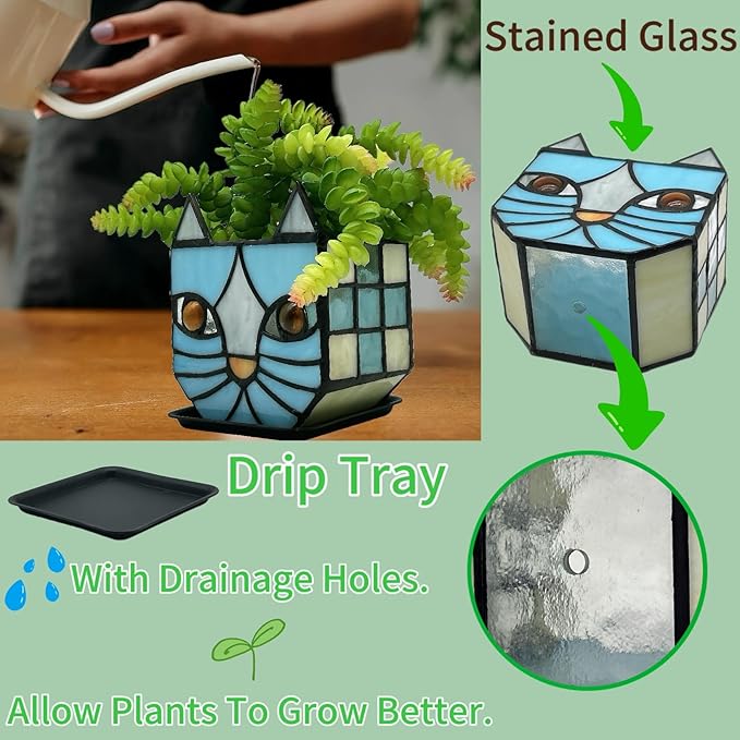 Stained Glass Blue Cat Planter,Plant pots with Drainage Holes, Plant Flower Pot for Houseplants and Succulents,Cute Blue Cat Plant Lover Gift 4.6x3x5.15 in