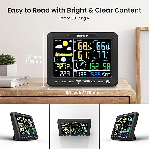Sainlogic SA68 Home Weather Station with Weather Stations Wireless Indoor Outdoor and Rain Gauge Outdoor for Temperture,Humidity,Forecast,Pressure,Moon Phase,Alarm Clock for Bedroom,Black(No WiFi)