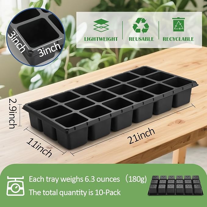 10 Pack 18 Cell Seed Starter Trays - 2.9 "Deep 3 Inch Big Cell Plastic Nursery Trays, 20" x 10", for 1020 Flat Trays Seed Germination, Planting Seedlings & Propagation