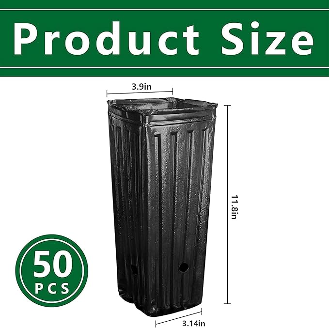 RunNico 50pcs Plastic Deep Plant Nursery Pots,11.8”Tall Tree Pots,Black Deep Seedling Container Pots with Drainage Holes for Indoor Outdoor Gardening (3.9" Wx11.8 H)