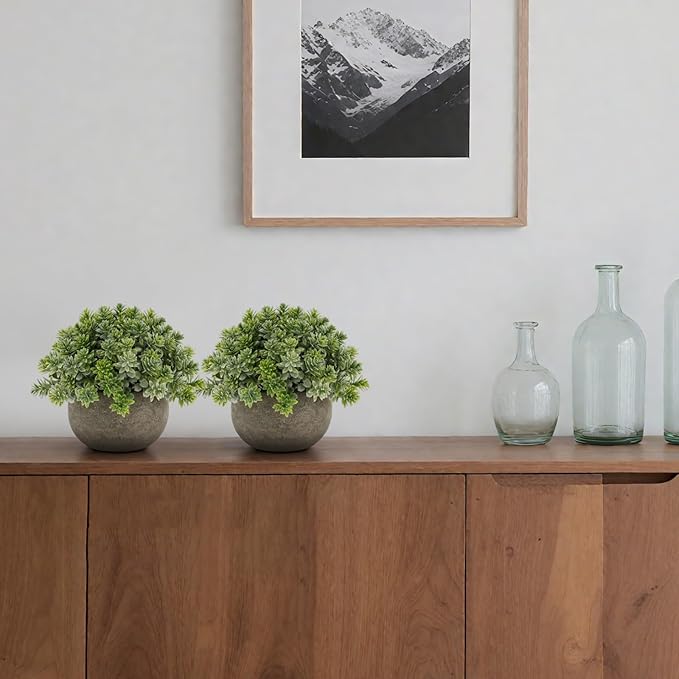 Gresorth 2 PCS Small Artificial Potted Plant Decoration in Pulp Pots Fake Topiary Plants Ornament Lifelike Faux Green Landscape Model for Party Bedroom Windowsill