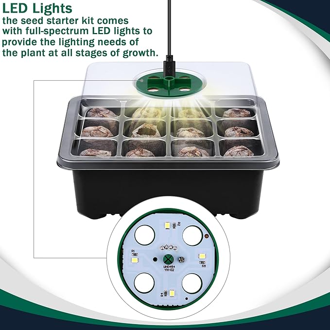 6 Pack Seed Starter Tray Kit with Grow Light and Humidity Dome Germination Trays with 72 Peat Pellets, Plant Labels, Gardening Tools, Plant Growing Trays for Seeds Growing Starting, Black