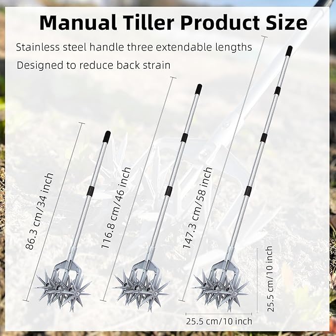 Rotary Cultivator, Adjustable Hand Tiller Garden Tool with Detachable Solid Metal Tines for Loosing and Mixing Soil,2-in-1 Manual Tiller Garden Cultivator for Reseeding Grass 58 Inch