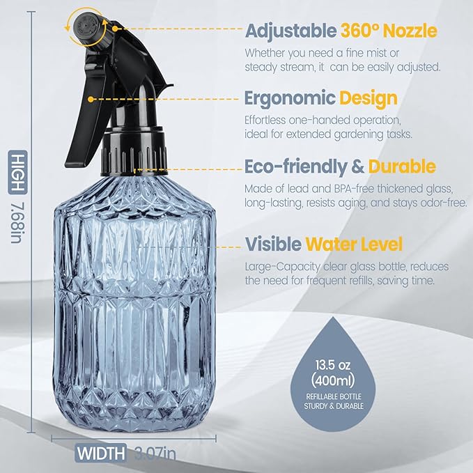 Glass Plant Mister Spray Bottle, 13.5 oz Refillable Plant Misters for Inside, Pretty Glass Spray Bottles for Cleaning, Hair, Cat, Succulent, Houseplant with Adjustable Mist Nozzle (Blue)