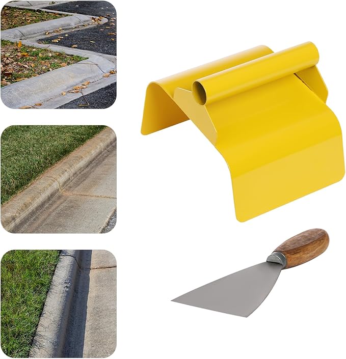 Concrete Curb Trowel Set with Handle & Putty Knife, Slope Shape, Heavy Duty 201 Stainless Steel, for Landscape Curb, Cement, Masonry & Model Making, DIY & Professional Use, 7.24*5.91*4.02in Yellow