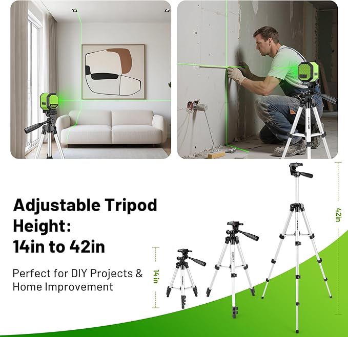 Laser Level with 42 Inch Tripod, Huepar 100Ft Self Leveling Laser Level Rechargeable Green Cross Line Lazer Leveler Tool for Picture Hanging, Tile, Home Renovation, Carrying Bag Included