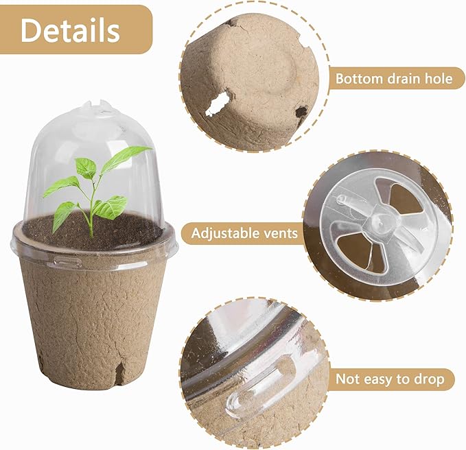 EBaokuup 20pcs Biodegradable Pots with Humidity Dome,3" Plant Nursery Pots with Humidity Dome,Seed Starter Pots Biodegradable Peat Pots for Seedlings,Vegetables