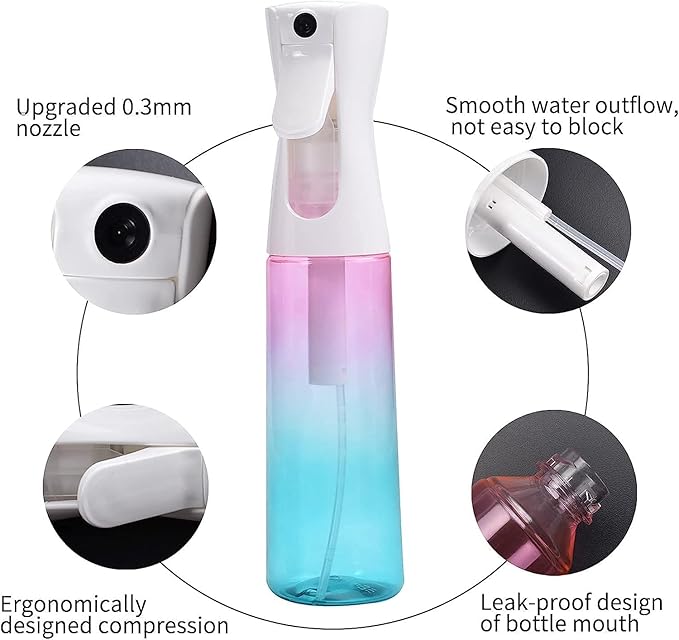 (2 Packs) Hair Spray Bottles, Continuous Water Mister Spray Bottle Empty for Hairstyling, Skin Care, Cleaning and Plant Spraying, 300ml/ 10 Oz (ORANGE+BLUE)