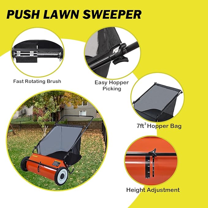 Push Lawn Sweeper, 26-Inch Width, 7 Cu. Ft. Hopper Capacity, 4 Spinning Brushes, Adjustable Height, Durable Steel Frame with Rubber Wheels, Orange