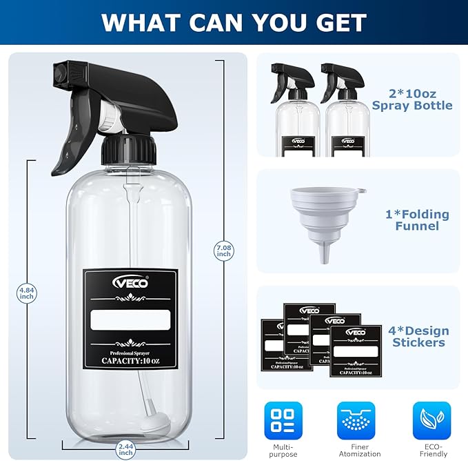 Veco 360° Spray Bottles with Adjustable Nozzle, 10oz/300mL Spray Bottle for Cleaning Solution, Plastic Spray Bottles for Hair Cooking Plant Pet, No Leak and Clog (2 Pack & Foldable Funnel)