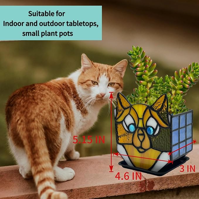 Stained Glass Yellow Cat Planter, Indoor Plant Tabletop Plant Display, Yellow Cat Small Plant Pot, Terrarium Decor, Decor Gift 4.6x3x5.15 in