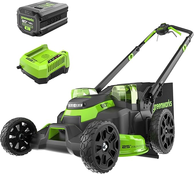 Greenworks 80V 25" Brushless Cordless (Self-Propelled) Dual Blade Lawn Mower (LED Headlight + Aluminum Handles), 4.0Ah Battery and Rapid Charger Included
