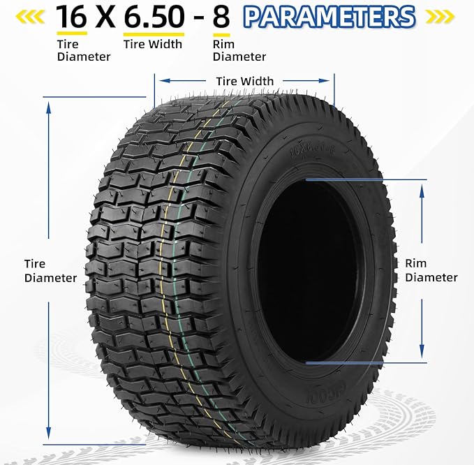 (2 Pack) 16x6.50-8 Lawnmower Tubeless Tire, 16x6.5-8 for Tractor Riding Lawn Mowers, 4 Ply, Turf-V Pattern