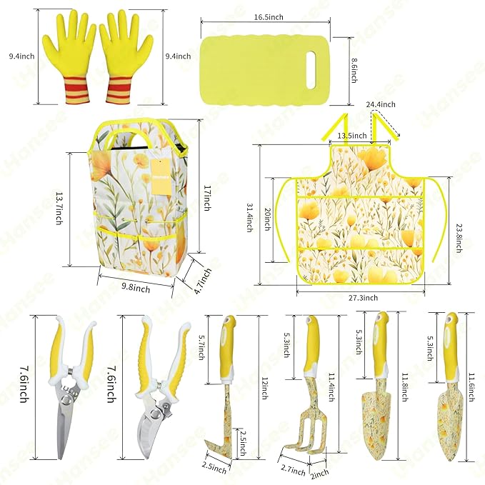 10-Piece Yellow Gardening Tools, Thanksgiving/Christmas/White Elephant Gifts for Women Adults, Birthday Gardening Gifts for Mom Grandma Gardener Wife, Floral Garden Tool Sets with Garden Tote