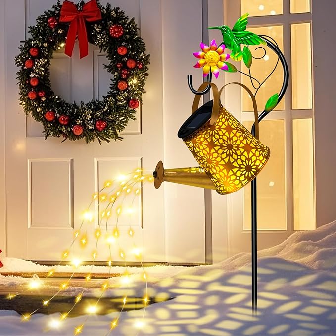 Solar Metal Watering Can with Hummingbird Shepherd Hook and Cascading Lights, Outdoor Solar Lantern for Garden, Yard, Patio Decor and Gardening Gifts for Women Mother's Day