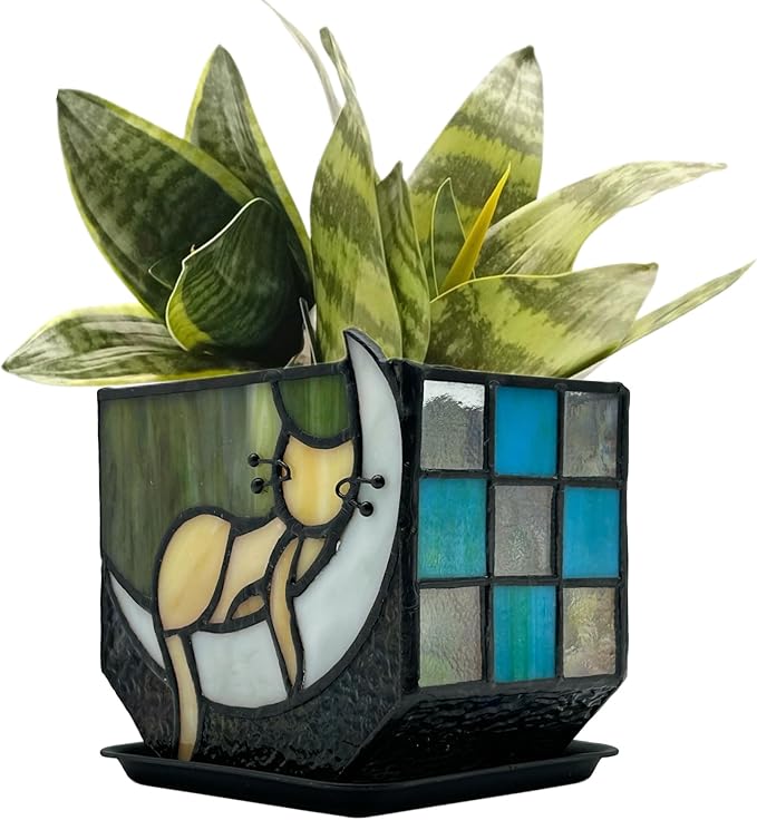 Tiffany Stained Glass Fun Moon Sleeping Cat Planter，Cactus Planter，Cute Planters for Indoor Plants,Decorative Flower Pots As Gifts for Cat Lovers，4.6x3x5.15 in