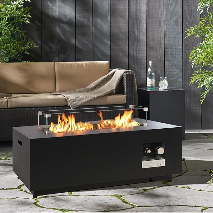 42-inch Outdoor Propane Fire Pit Table Rectangular - Modern Gas Fire Pits Patio Heavy-Duty Firepit 50,000 BTU Fire Table with Tank Cover, Wind Guard for Backyard, Deck(Black)