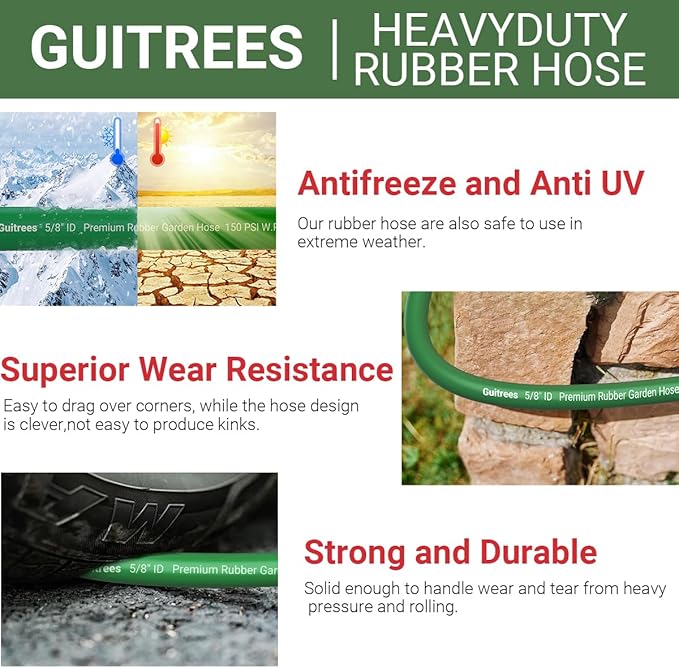 25FT 5/8 Heavy Duty Rubber Garden Hose - 200psi Working, 1000psi Burst - Hot/Cold Water - Five-Layered Braiding for Durability - Versatile for Gardening, Agriculture, Construction(Green)