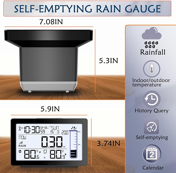 BIUWING Wireless Rain Gauge Outdoor, Self-Emptying Digital Rain Gauges Outdoors Best Rated, Electronic Rain Measure Gauge, Freeze Proof Rain Gauge with Thermometer, Remote Rain Meter for Garden