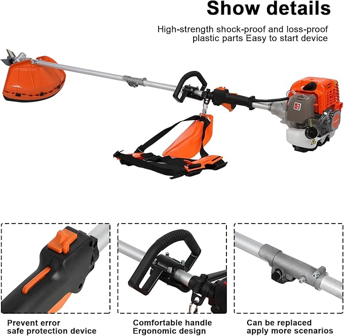 5 in 1 Weed Eater Gas Powered - 52CC 2-Stroke Lawn Mower, Brush Cutter, Handheld Cordless Chainsaw Hedge Pruner, Petrol Hedge Trimmer Chainsaw Brush Cutter for Home, Yard, Garden