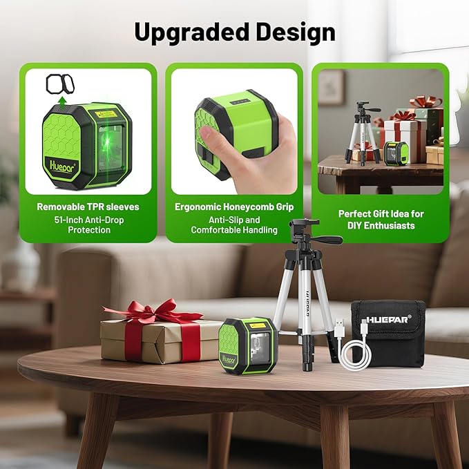 Laser Level with 42 Inch Tripod, Huepar 100Ft Self Leveling Laser Level Rechargeable Green Cross Line Lazer Leveler Tool for Picture Hanging, Tile, Home Renovation, Carrying Bag Included