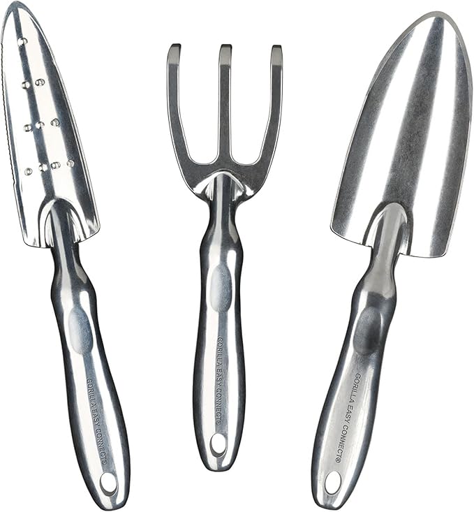 Gorilla Easy Connect Heavy Duty Garden Tools with Digging Trowel, Transplant Trowel and Cultivator Hand Rake Solid One Piece Cast Aluminum Construction