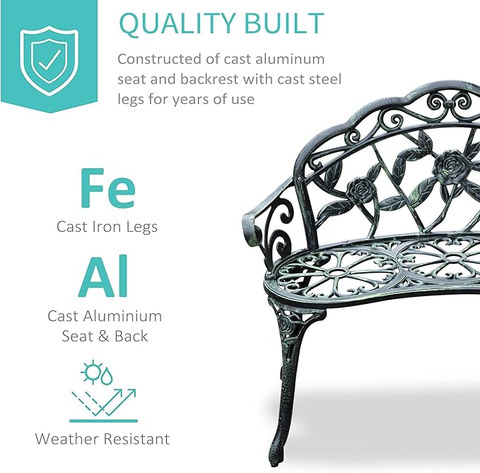 Outsunny Outdoor Bench, Cast Aluminum Outdoor Furniture, Metal Bench with Floral Rose Accent & Antique Finish, Green