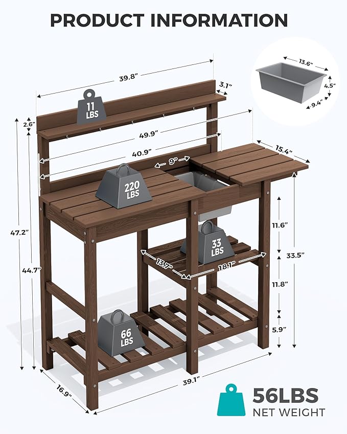 SERWALL Outdoor Potting Bench with Removeable Sink,Rot-Resistant HDPE Potting Table for Outside Gardening, All Weather Use - Coffee