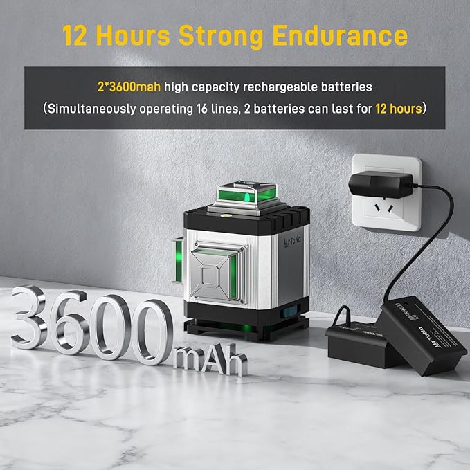 Laser Level, MrToNo 4 x 360 °laser level 360 self leveling, 16 Lines 4D lazer leveler tool Green 360 laser level, for Construction, Ceiling, Tiling, Framing, Home Renovation, Picture Hanging (Silver)