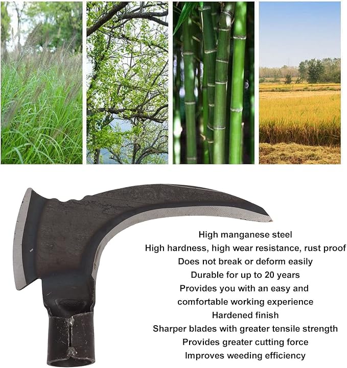 Weeding Sickle, High Manganese Steel Double Scythe Multipurpose Gardening Weeding Grass Sickle Portable Safety Sickle for Emergency Hiking Outdoor Gardening Tools (Single Cutter Head)