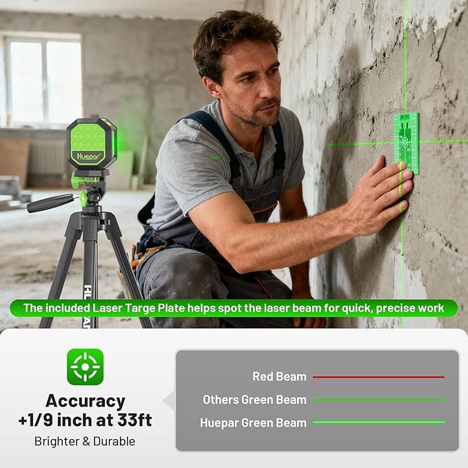Laser Level with 60 Inch Tripod, Huepar 100Ft Self Leveling Laser Level Rechargeable Green Cross Line Lazer Leveler Tool for Picture Hanging, Tile, Home Renovation, 360° Magnetic Bracket &Target Plate
