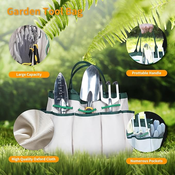 Garden Tools, 8 Piece Heavy Duty Gardening Tools Set with Non-Slip Rubber Grip, Stainless Steel Garden Tool, Gifts for Kids, Women, Husbands, and Parents